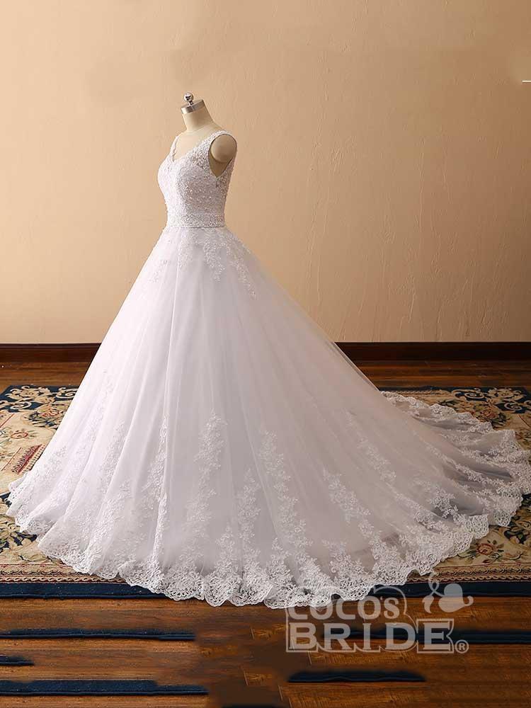 Gorgeous Long Ball Gown Tulle Lace V-Neck Backless Wedding Dresses