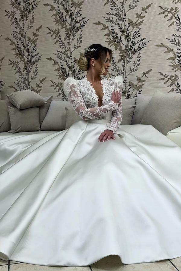 Long Sleeve Deep V-Neck A-Line Lace Satin Wedding Dress with Ruffles