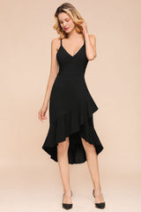 Simple High Low Ruffle Backless Mermaid Black Party Dress