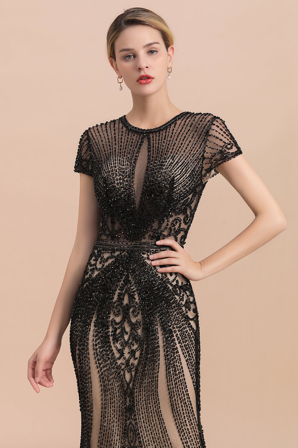 Luxury Black Long Mermaid Tulle Beaded Formal Evening Dresses