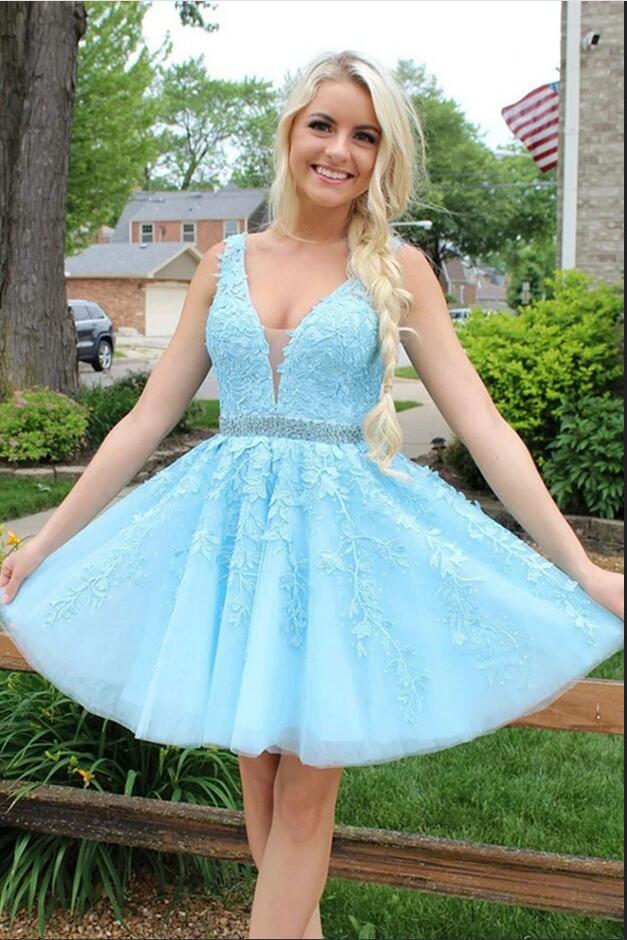 V-neck A-line Appliques Lace Backless Tulle Ruffles Short Homecoming Dress