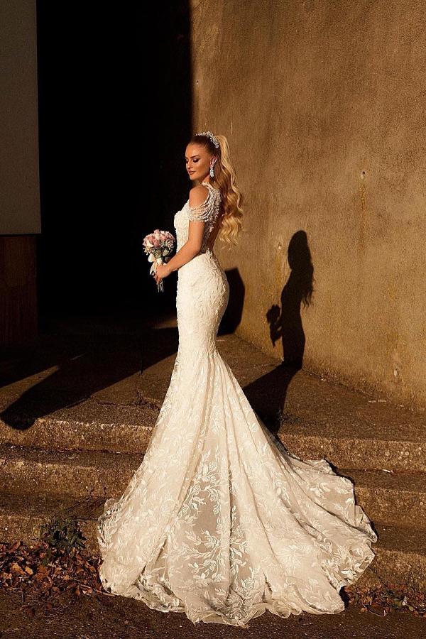 Long Mermaid Halter Tulle Lace Floor Length Wedding Dresses