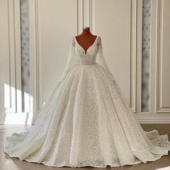 Charming V-neck Long Sleeves Ball Gown Floor Length Chapel Lace Wedding Dress