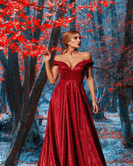 Long Glitter A-line Off the Shoulder Sequins Prom Dress