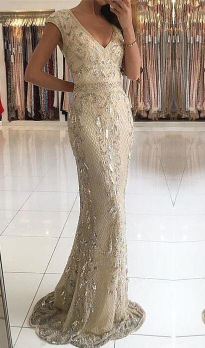 Long V-neck Wide Straps Beading Floor Length Mermaid Prom Dress
