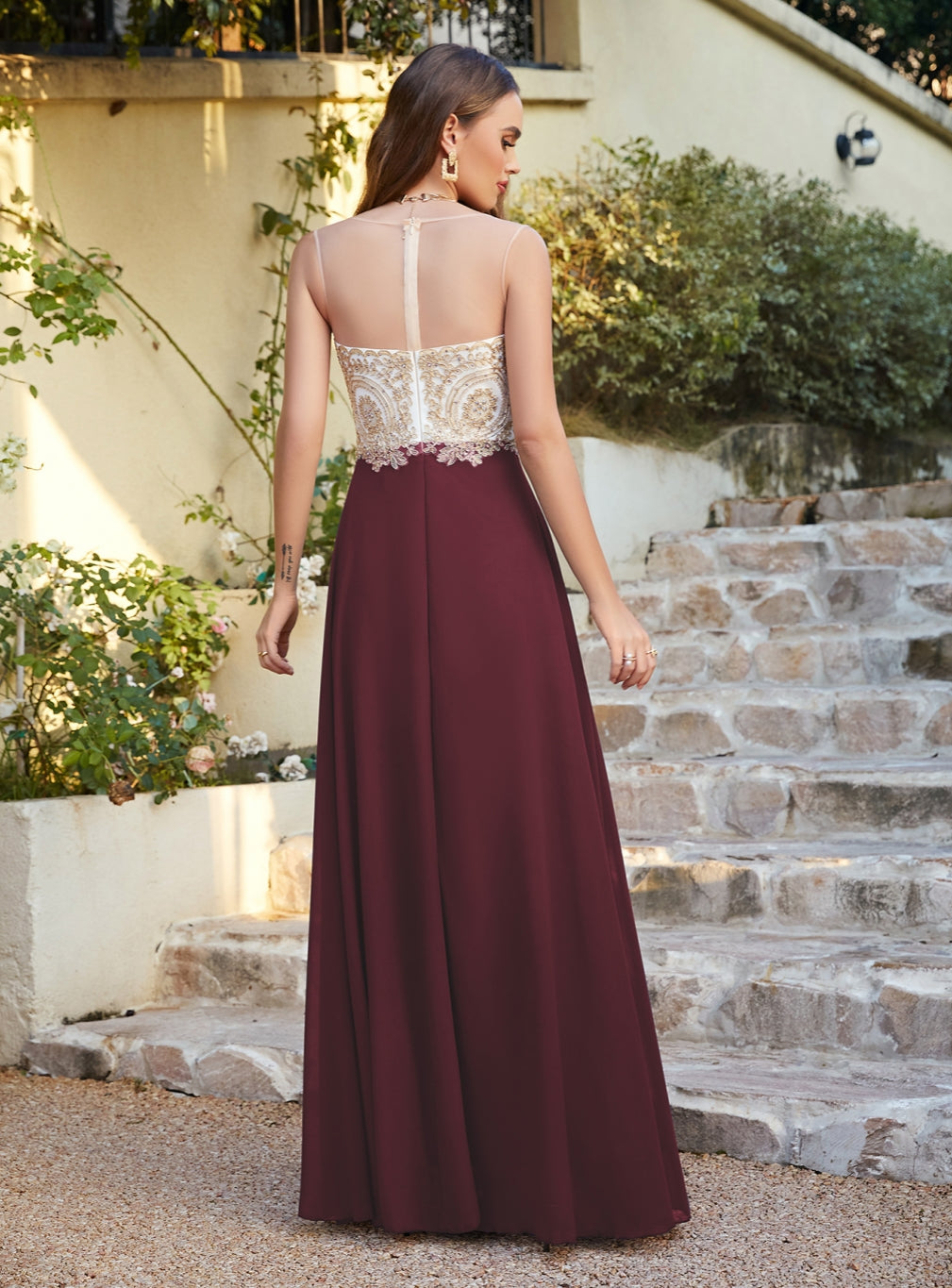 Gorgeous Long A-line Chiffon Lace Sleeveless Formal Evening Dresses