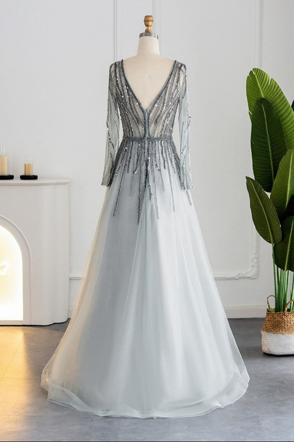 Long A-line V-neck Sequins Beading Tulle Formal Prom Dresses with Sleeves