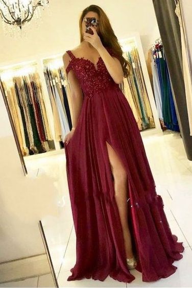 Long Off the Shoulder Lace A-Line Ruffles Prom Dress With Side Slit