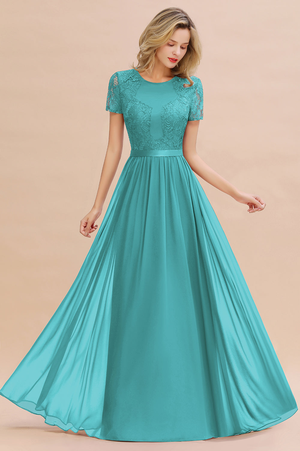 Chiffon Lace Scoop Short Sleeve Bridesmaid Dress