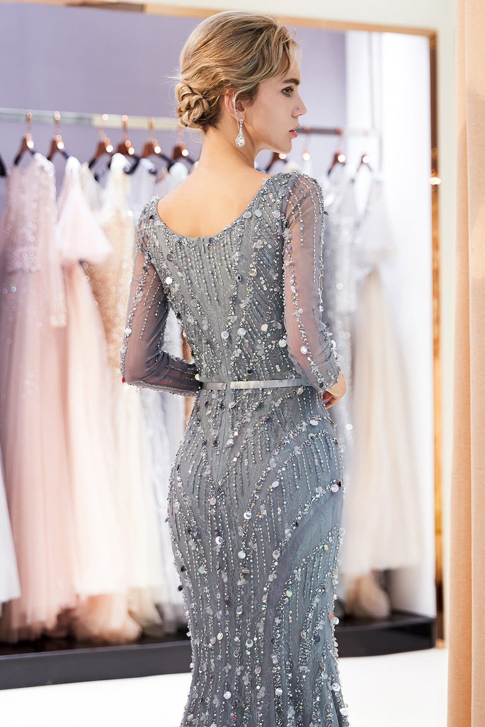 Long V-neck Tulle Mermaid Tulle Formal Evening Dress with Sleeves