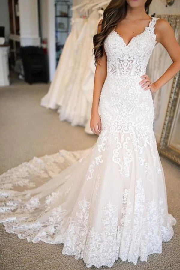 Elegant Long Sweetheart Tulle Mermaid Wedding Dresses With Appliques Lace