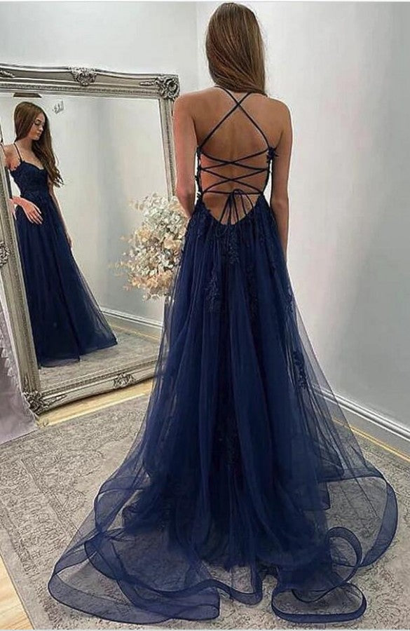 Chic Long A-line Tulle Lace Open Back Formal Prom Dresses with Slit