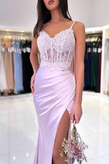 Simple Long Mermaid Spaghetti Straps Sweetheart Satin Prom Dress with Slit