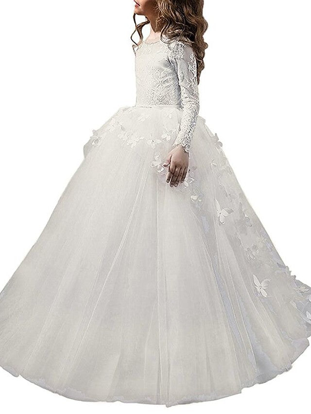 Long A-line Tulle Lace Jewel Neck Party Flower Girl Dresses with Sleeeves