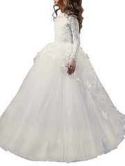 Long A-line Tulle Lace Jewel Neck Party Flower Girl Dresses with Sleeeves