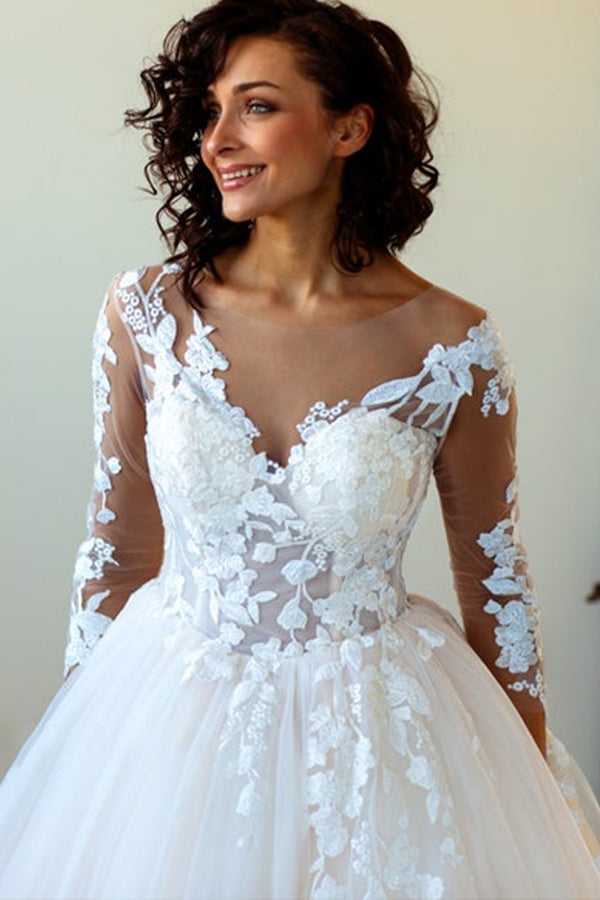 Long Lace-up Appliques Tulle Ball Gown Wedding Dress with Sleeves