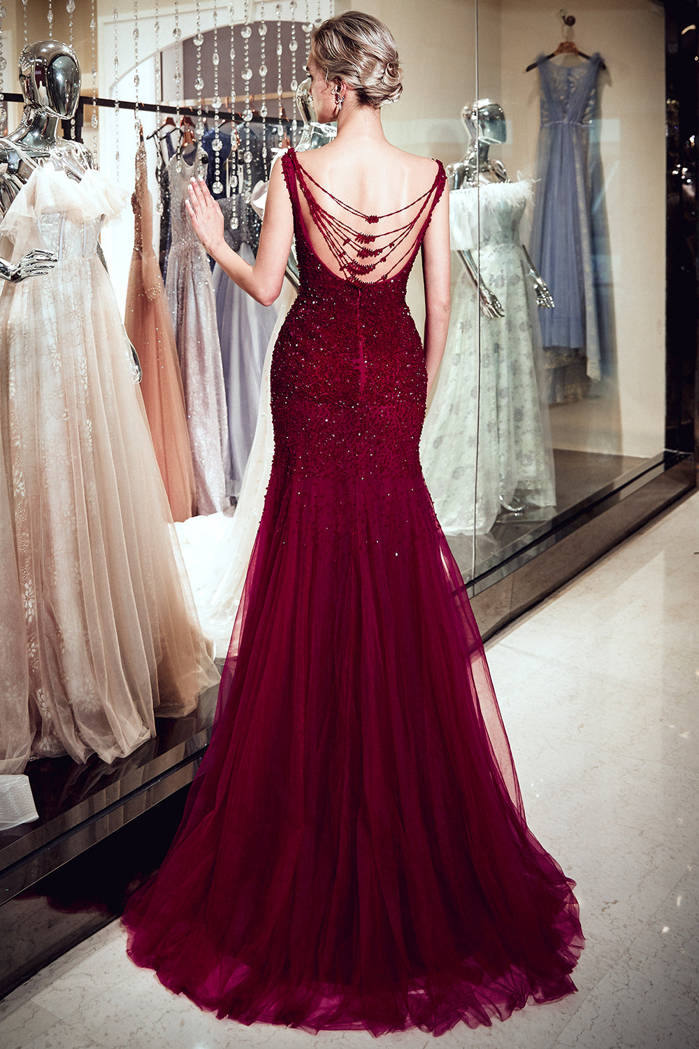 Mermaid Sleeveless Sequined Tulle Burgundy Long Evening Gowns