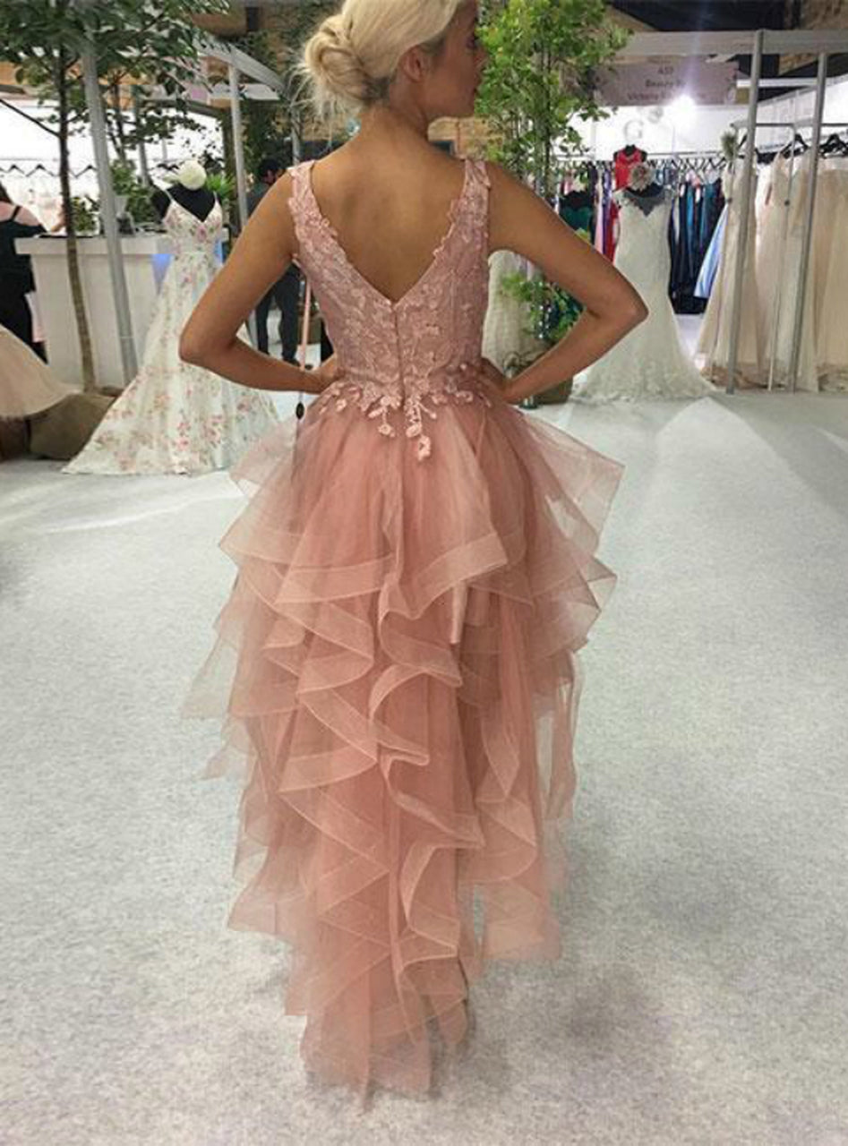 Elegant A-line V-neck Backless Appliques Lace Tulle High Low Prom Dress