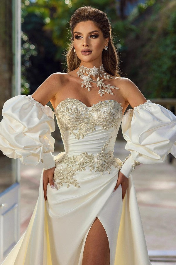 Elegant Long Mermaid Sweetheart Satin Lace Front Slit Wedding Dresses with Sleeves