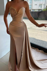 Long Sweetheart Beaded Mermaid Court Train Prom Dress with Slit