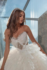 Long Ball Gown Sweetheart Strapless Tulle Layers Wedding Dresses
