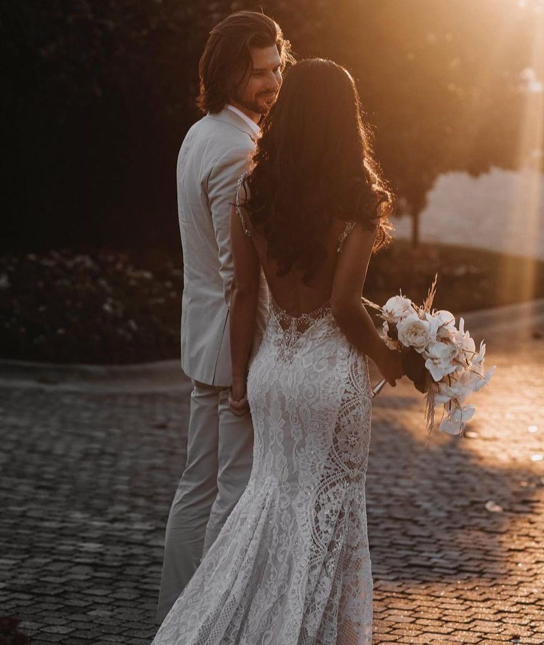 Long V-neck Wide Straps Appliques Lace Open Back Mermaid Wedding Dress