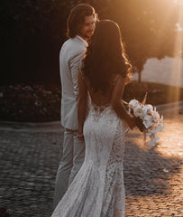 Long V-neck Wide Straps Appliques Lace Open Back Mermaid Wedding Dress
