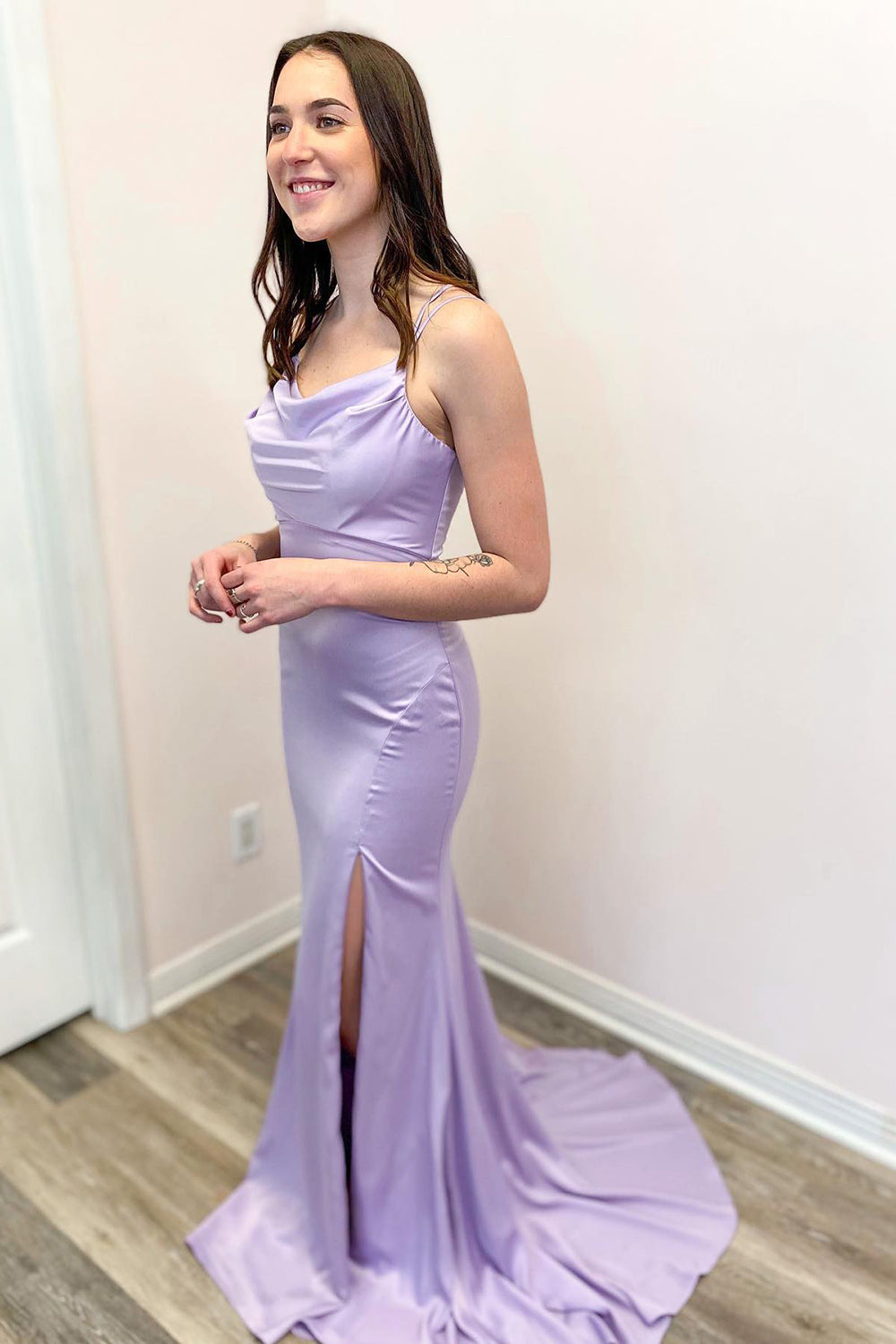 Long Spaghetti Straps Backless Floor Length Mermaid Prom Dress With Split