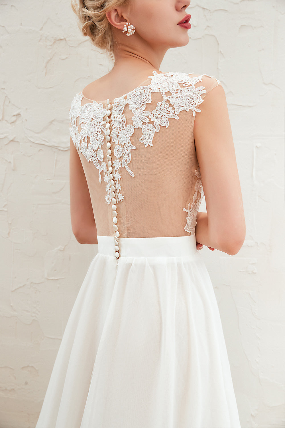 Long Bateau Appliques Lace A-line Chiffon Ruffles Wedding Dress With Side Slit
