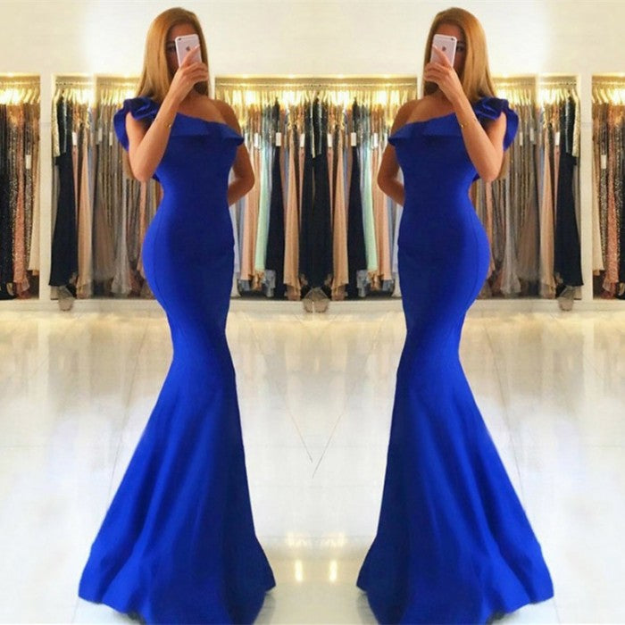 Royal Blue One Shoulder Ruffles Floor Length Mermaid Long Prom Dress