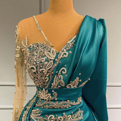 Long Mermaid V-neck Satin Fomral Evening Dress with Sleeves