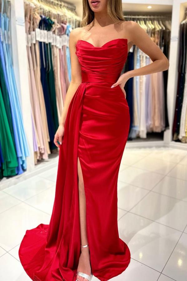Simple Long Mermaid Sweetheart Satin Formal Prom Dresses with Slit
