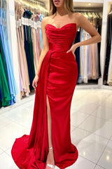 Simple Long Mermaid Sweetheart Satin Formal Prom Dresses with Slit