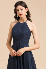 Long A-line Halter Chiffon Bridesmaid Dress Dark Navy Evening Maxi Dress