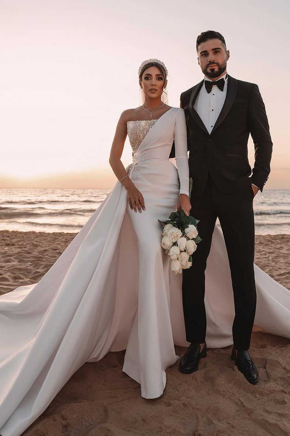 One Shoulder Long Sleeve Sequins Satin A-line Wedding Dress