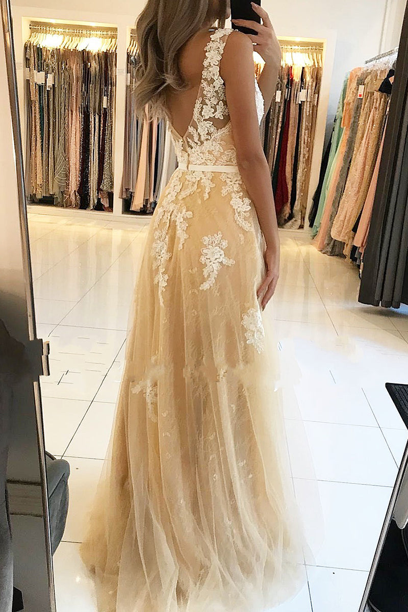 Long V-neck Open Back Lace Floor Length A-Line Ruffles Prom Dress
