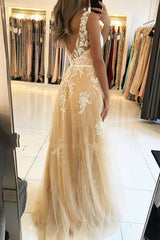 Long V-neck Open Back Lace Floor Length A-Line Ruffles Prom Dress
