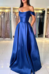 Long A-line Off The Shoulder Open Back Satin Floor Length Prom Dress