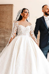 Ball Gown Off the Shoulder Sweetheart Satin Lace Long Wedding Dress with Sleeves