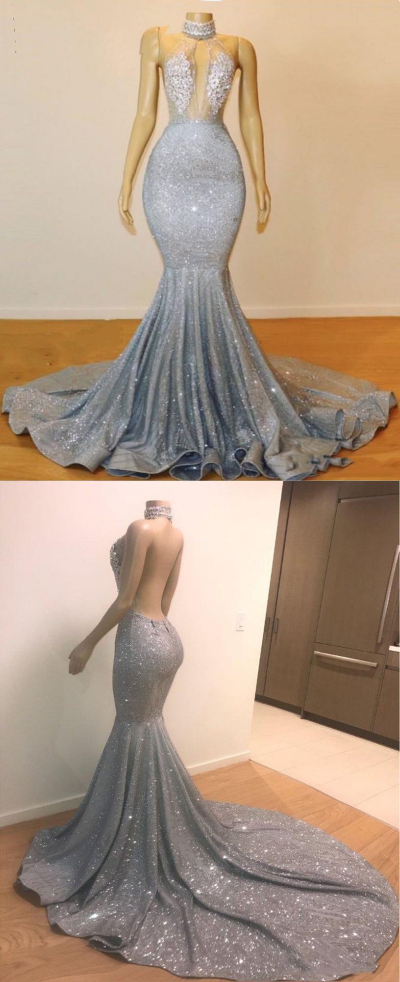 Long Mermaid SequinsBeaded Backless Prom Dress