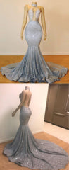 Long Mermaid SequinsBeaded Backless Prom Dress
