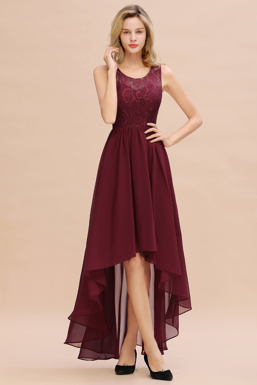 Vintage Bateau Appliques A-line Chiffon High Low Ruched Bridesmaid Dresses