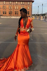 Orange Long Mermaid V-neck Appliques Satin Prom Dress with Sleeves