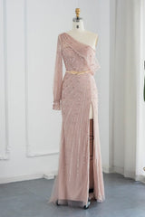 Stunning Long Mermaid One Shoulder Tulle Front Slit Evening Dress with Sleeves