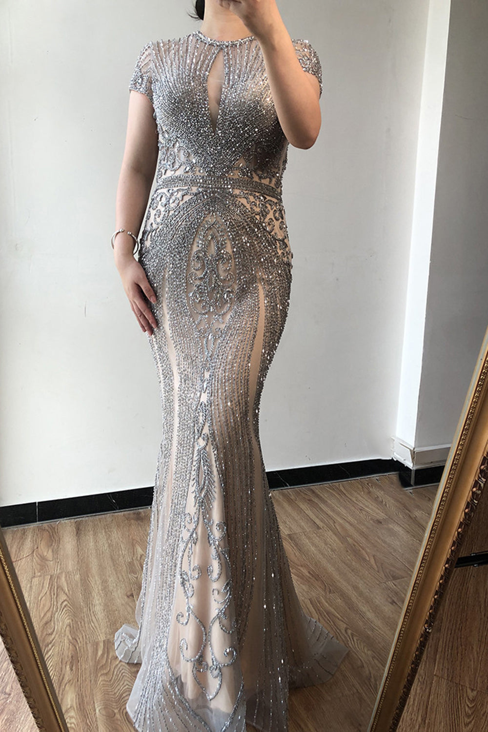 Long Mermaid Jewel Satin Beads Formal Evening Dresses