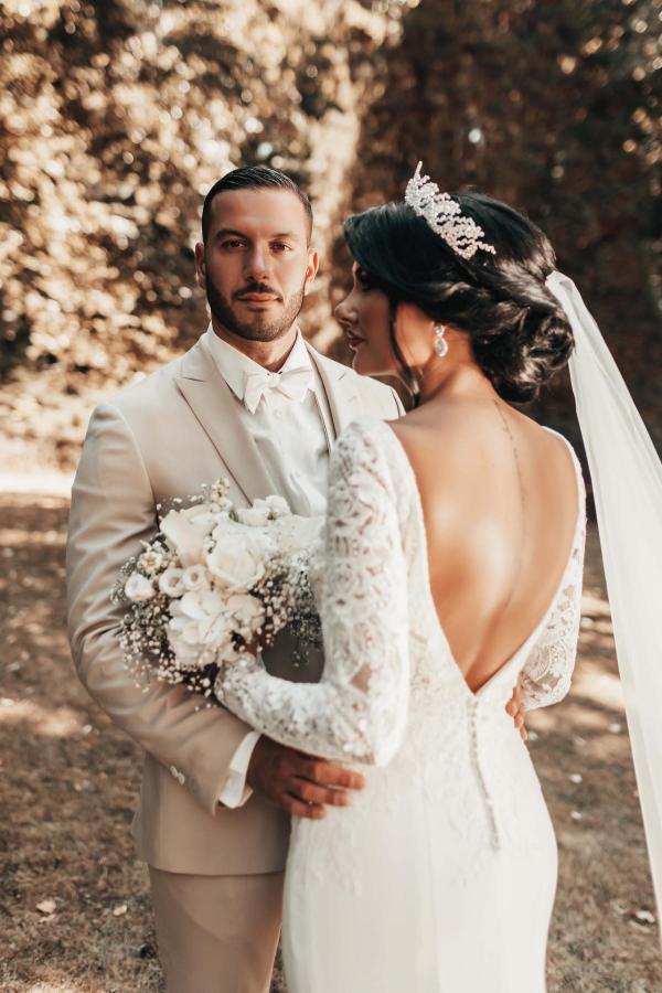 Long Mermaid V-neck Satin Lace Backless Wedding Dress with Sleeves