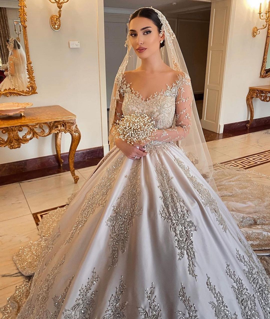 Gorgeous Sweetheart Long Sleeve Beading Satin Ball Gown Wedding Dress