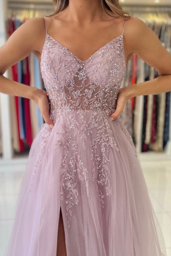 Long A-line V-neck Tulle Beaded Backless Prom Dress with Slit