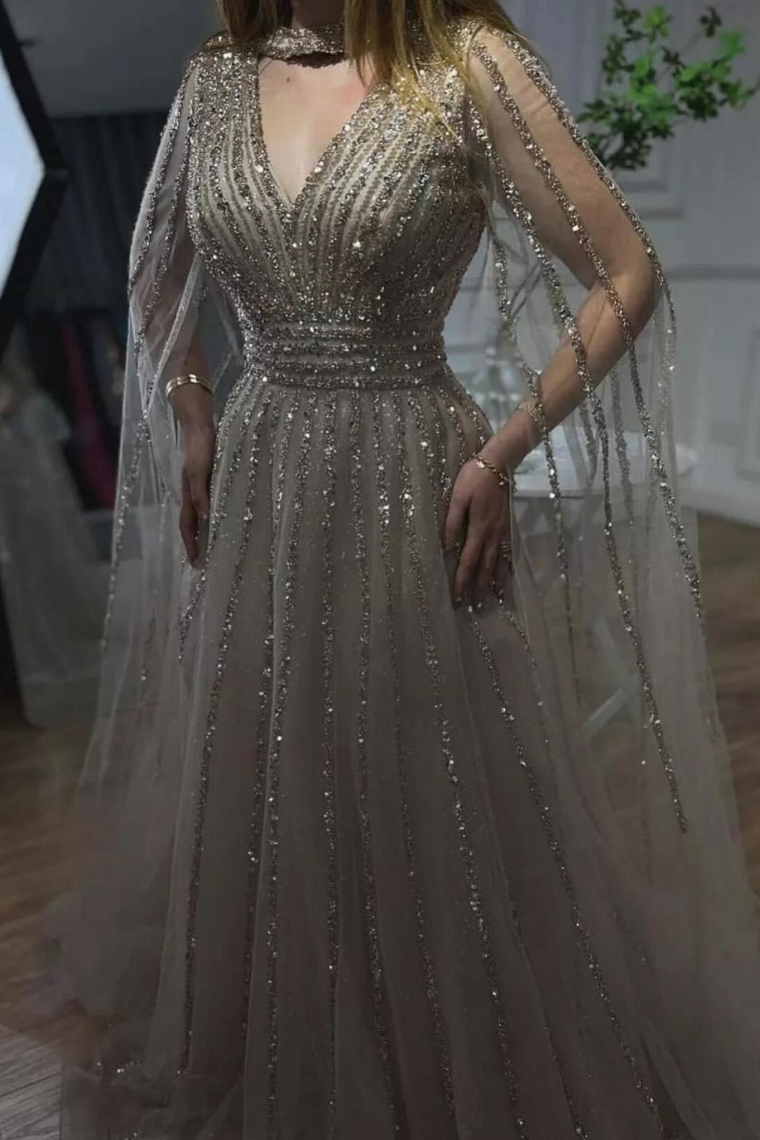 Sparkle V-Neck Tulle A-Line Long Formal Evening Dress with Sequins