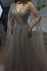 Sparkle V-Neck Tulle A-Line Long Formal Evening Dress with Sequins